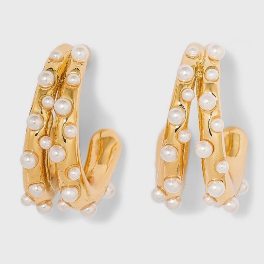 3/$25 SUGARFIX By BaubleBar Faux Pearl & Gold Tone Double Hoop Earrings